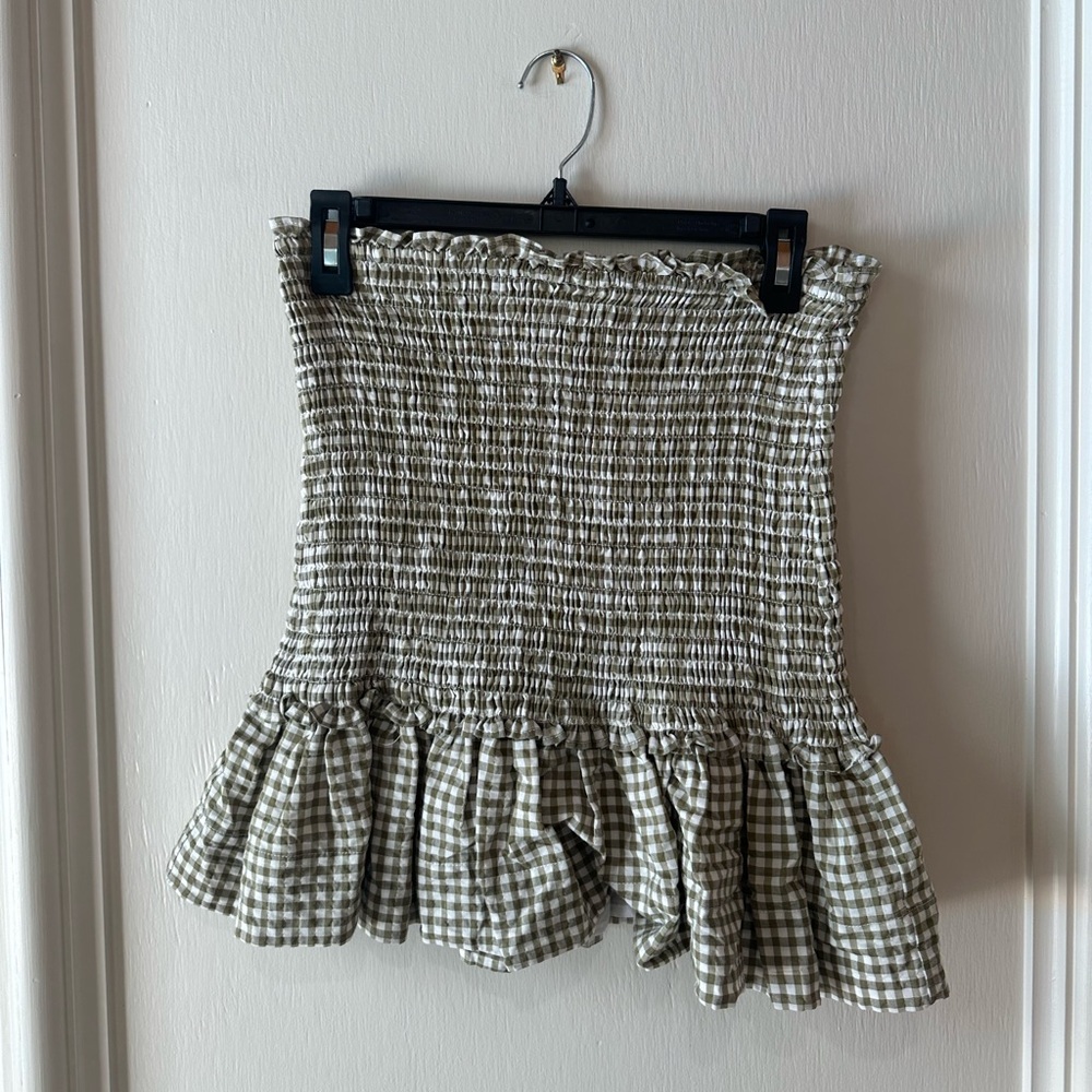 Veronica Beard Aloya Smocked Gingham Mini Skirt Green Ruffle Hem Size L NWT - Picture 8 of 11